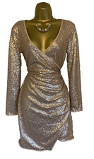 Lipsy Gold Nude Sequin Wrap Dress 10 Long sleeve Party Occasion Xmas Christmas 