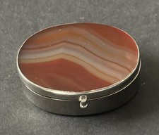 Vintage Red Banded Agate & White Metal Silver Plated ? Pill Trinket Box