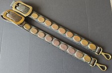 A GOOD PAIR OF ANTIQUE HORSE BRASS HARNESS STRAPS OVAL DECORATIONS SPRING CLIPS