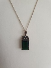 Vintage Art Deco Sterling Silver Marcasite & Green Paste Pendant Necklace