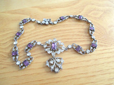 ANTIQUE  STUNNING PASTE AMETHYST & DIAMOND CLOSED BACK  SILVER NECKLACE  34 GRMS