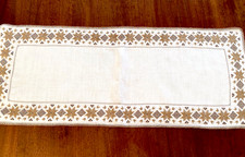 Vintage Lefkara Tablecloth Runner White Linen Taupe Thread 32.5x13