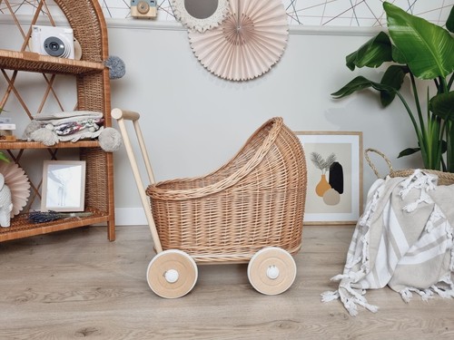 Natural wicker doll stroller - doll,