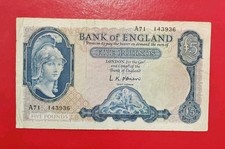 1st Prefix A BANK OF ENGLAND £5 note 1957 O'Brien Lion & key As Per Pictures