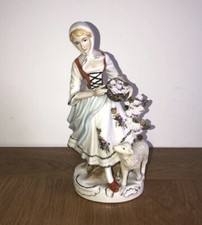 Vintage Porcelain Figurine Lady With Lamb And Flowers 10” Inches Ornament Statue