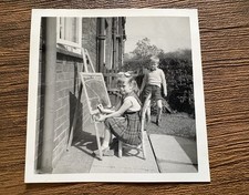 Vintage 1950s Real Photograph Girl Boy Children Drawing Art Easel Chalkboard