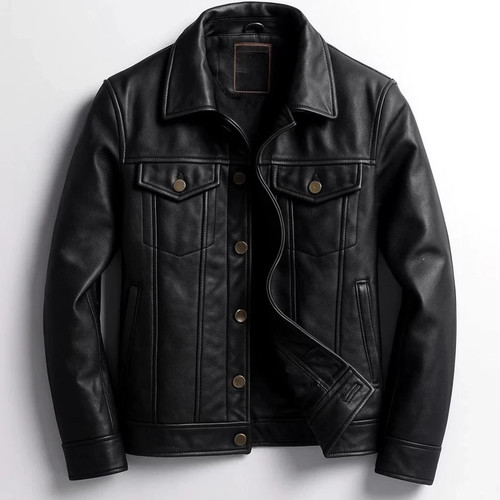 Men black leather jacket - leather,