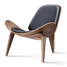 Hans Wegner Style Shell Chair Side Lounge Chair Tripod Design Leather Solid Wood
