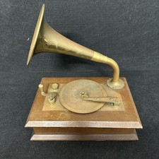Gramophone Musical Jewellery Box Vintage Brass Copper Wood t3964
