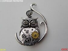 steampunk brooch badge pin silver owl gearwheel cog mechanical crescent moon