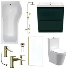 Full Bathroom Suite Green Fluted Vanity,P Shape Bath,Screen,Brushed Brass Taps