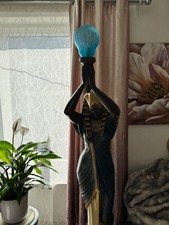 Large Egyptian Revival Floor Lamp – Pharaoh Statue Holding Blue Glass Light – Vi