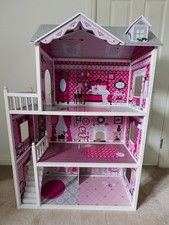 Large Wooden Pink Doll House for Barbie Dolls – Kids Play 3-Storey Dollhouse