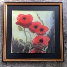 Vintage Handpainted Poppies On Silk Red Flowers In Frame 