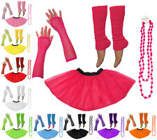 Neon UV Tutu Set Skirt Gloves Leg Warmers Beads Womens 80s Fancy Dress Costume