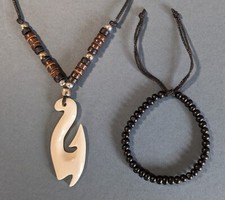 Mens Necklace Bone Maori Style Fish Hook Pendant Boys Gift Surfer Tribal Brown