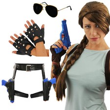TOMB RAIDER LARA CROFT FANCY DRESS COSTUME GUNS HOLSTER GLOVES GLASSES HALLOWEEN