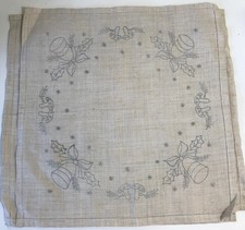 Vintage 3 Christmas Linen cloth Stamped for Embroidery Bells Toadstools 18" sq