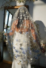 Lotus Flowers Floral Wedding Bridal Veils for Brides Embroidered Lace Blue Red