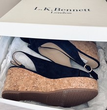LK Bennett Navy Suede Cork Wedge Heel Shoes Size 37 UK 4 BNIB