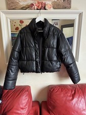 Zara Women's Cropped Leather Puffer Jacket Size M Black Excellent Condition