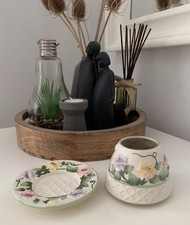 Rare Yankee Candle Floral Design Jar Holder Plate And Shade Set