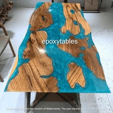 Blue Epoxy Resin Top Dining Table Wooden Live Edge Cafeteria Console Bar Desk