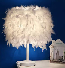Fluffy White Feather Bedside Table Lamp LED Night Light for Bedroom Decor