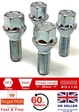 4 x M12 x 1.25 26mm thread 17mm Hex alloy wheel bolts for Peugeot