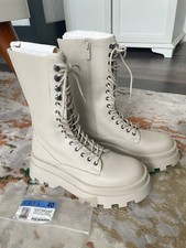 NEW Pull & Bear Ladies Lace-up Chunky Combat Cream Below Knee Boots/UK SIZE 6/7 