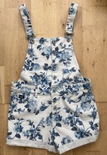 Superdry Denim Shorts Dungarees White W/Blue Floral Print Size Small