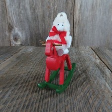 Vintage Sheep Riding Rocking Horse Wood Ornament White Lamb with Red Bow Christm