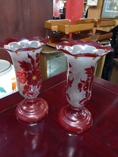 Bohemian Blown Glass Red Flowered Vases Pair 7.5" 19th Century