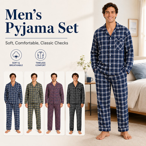 Mens pyjama set woven check - mens,