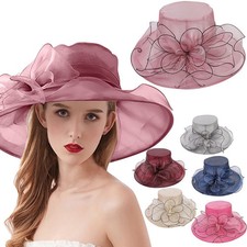 Women Organza Hat Wide Brim Tea Party Wedding Fascinator Hat Church Cap Ladies
