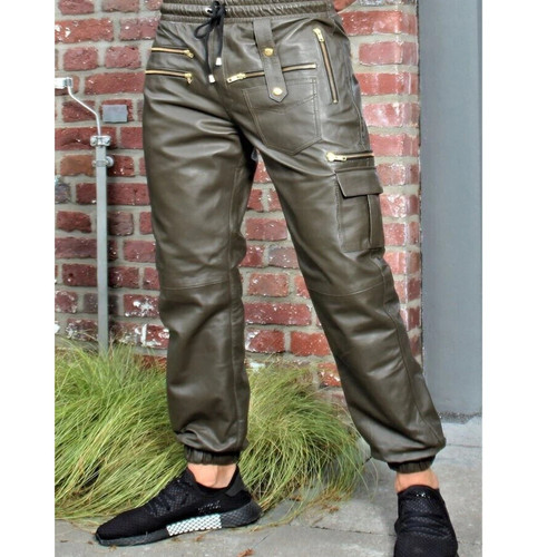Men green trousers leather - green,