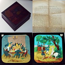 Scenes from Pickwick Charles Dickens Antique Set 1 2 Magic Lantern Slides c1890