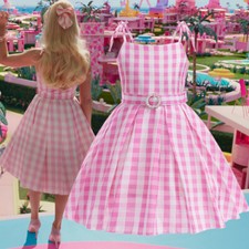 Girls Kids Party Cosplay Barbie Princess Pink Dress Costume Tartan Skirt Outfit