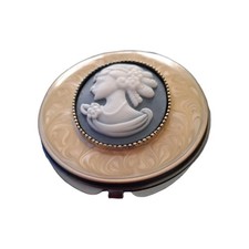 Rare Left Facing Raised Etched  Stone Cameo Double Compact Mirror. Lucite Trim