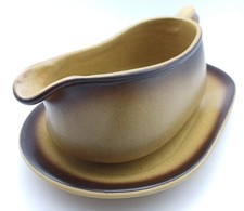 Honiton Pottery Brown and yellow Gravy Boat / Sauce Jug with Matching Plate