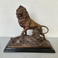 Victorian Empire Spelter Lion & Lioness Sculpture Wooden Plinth c1900s Antique