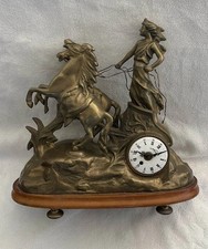 Bronze Tone Woman & Rearing Horse Mantel Clock Figurine Decor 36cm x 34cm x 16cm