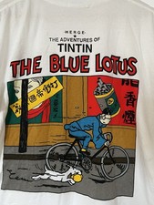 Tintin T-Shirt L The Adventures of Tintin The Blue Lotus Comic Strip White Tee