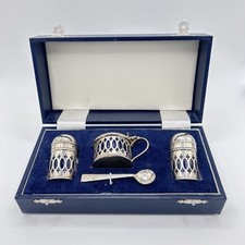 Cruet Set EPNS Salt & Pepper Shakers Mustard Pot & Spoon in Presentation Box