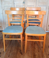 SET OF FOUR RETRO DINING CHAIRS WITH BLUE VINYL SEATS IN BEECH VINTAGE