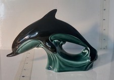 Vintage Black &Blue Glaze  Dolphin Ceramic Figurine 17cm x 11cm By Poole Pottery