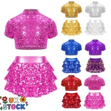 Girls Shiny Sequins Ballet Dance Outfits Short Sleeve Dress Hip Hop Latin Jazz 