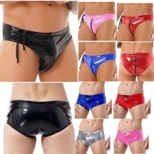 UK Men's Leather Drawstring Briefs Swim Trunks Low Waist Zipper Pouch Panties