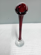 Vintage Red Glass Bud Vase With Bubble Control Base