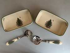 Christmas Tree by Spode 2 Cranberry/Breadsauce Serving Dishes with Spoons - Used